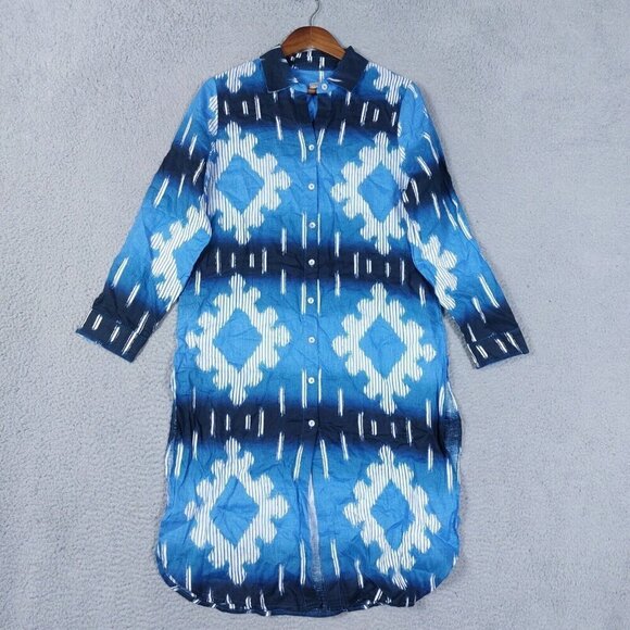 Chico’s Dress Shirt Women 4/6 Blue Geometric 100% Linen Tie Dye Side Slits Woven - Picture 1 of 14